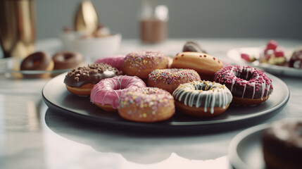 Wall Mural - Plate with donuts on a white background Generative AI 