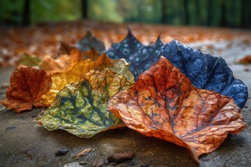 Wall Mural - group of fallen leaves, with different shapes and colors, against blurred background, created with generative ai