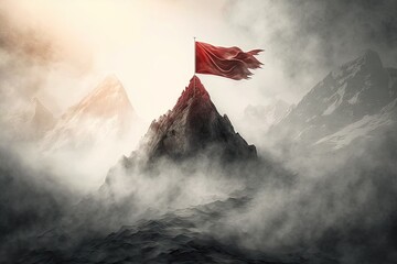 Sticker - peak with red flag flying high in the wind, surrounded by foggy landscape, created with generative ai