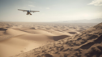 Poster - A plane flying over an arid desert with sand dunes Generative AI 