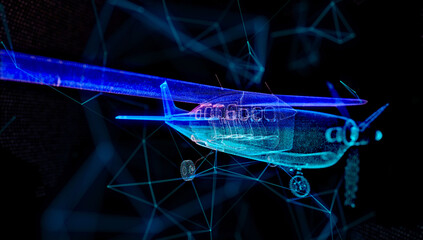 Travel plane on blue dark background. Airplane digital with line,dot. future air transport concept