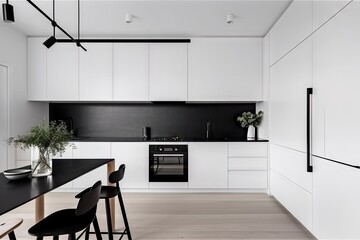 Wall Mural - minimalist kitchen with sleek white cabinets and black appliances, created with generative ai