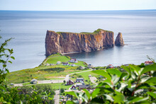 Percé Rock From A Distance, Small Town Of Percé At The Edge, Gaspesie, QC, Canada