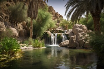 Poster - oasis with waterfall and lush greenery in the desert, created with generative ai