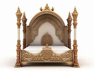 Luxury royal golden double bed with gold ornament isolated on white background, generative ai rich interior