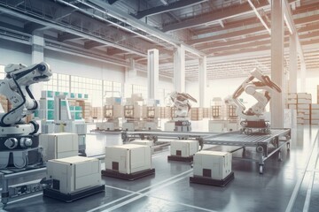 Sticker - packaging and sorting robots working in futuristic warehouse, with other high-tech devices visible, created with generative ai