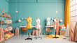 Bright atelier studio with various sewing items, fabrics and mannequins standing. Generative AI