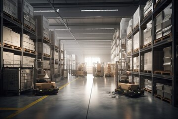 Poster - warehouse, with robots moving goods and stacking pallets, created with generative ai