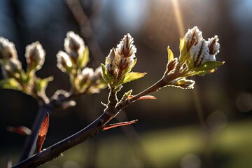 Wall Mural - blooming flower buds on tree branch, with the sun shining through, created with generative ai