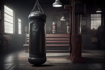 Canvas Print - punching bag in a gym, surrounded by benches and weight equipment, created with generative ai