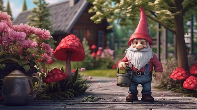Gnome with red top hat in a summer garden. Made with Generative AI.