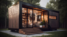 This Striking Stock Photo Showcases A Beautifully Designed Tiny House, Complete With A Sleek Modern Exterior And A Cozy, Inviting Interior.