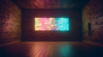 Canvas Print - Background of an empty room with brick walls and neon Generative AI 