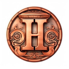 3d realistic Letter H of copper with ancient ornament