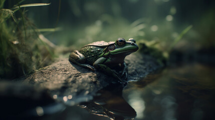 Poster - A green frog in a serene pond Generative AI 