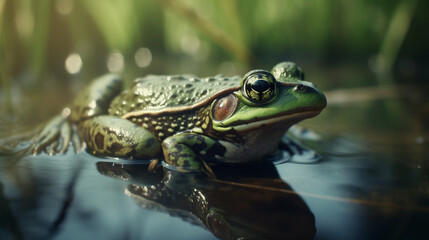 Poster - A green frog in a serene pond Generative AI 