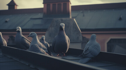 Wall Mural - A group of pigeons roosting on a buildings rooftop Generative AI 