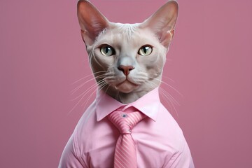 Wall Mural - a fluffy white cat decked up with a bright pink shirt and tie Generative AI