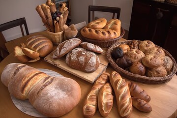 Canvas Print - plate of various breads, including baguettes, rolls and loaves, created with generative ai