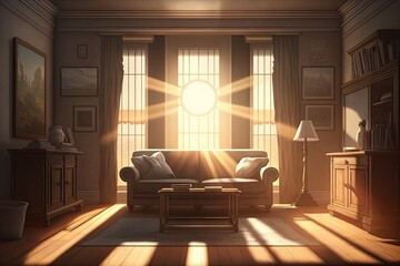 Sticker - the sun rays shining through the window, illuminating a cozy living room, created with generative ai