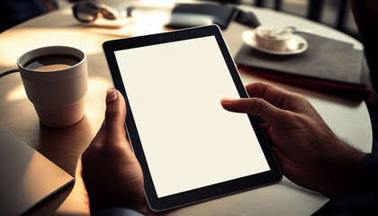 Exploring smart technology through a man using a digital tablet mockup, Generative AI 