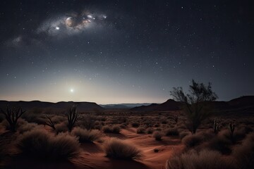 Poster - night sky blanketed with glittering stars and a crescent moon over desert landscape, created with generative ai