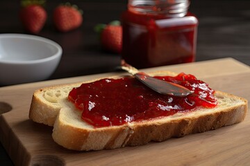 Canvas Print - strawberry jam on toast with melted butter and a sprinkle of black pepper, created with generative ai