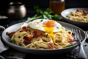 Wall Mural - plate of spaghetti carbonara topped with crispy bacon and eggs, created with generative ai