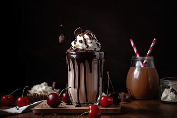 Wall Mural - delicious milkshake drizzled with chocolate sauce and cherry on top, created with generative ai