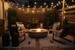 outdoor seating area with fire pit and twinkle lights for cozy ambiance, created with generative ai