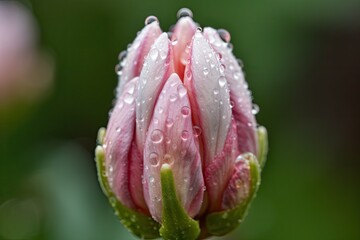 Poster - close-up of blossom bud, with dewdrop on the petals, created with generative ai