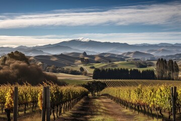 Wall Mural - vineyard with rolling hills and mountain range in the background, created with generative ai