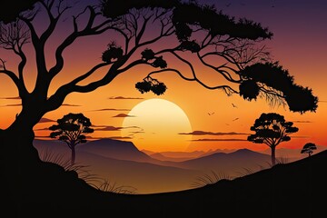 Canvas Print - peaceful sunset, with silhouette of trees and rolling hills in the background, created with generative ai