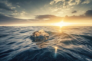 Wall Mural - plastic bag floating on the surface of the ocean, with sun shining down, created with generative ai