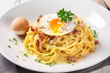 Poster - close-up of plate of spaghetti carbonara, with golden egg and cheese sauce, created with generative ai