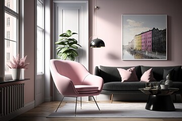 Canvas Print - pink armchair in modern living room surrounded by sleek and minimalistic furnishings, created with generative ai