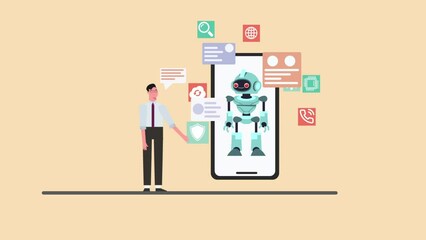  Chat bot robot interacting with man on smartphone, robot, virtual assistant, automatic reply concept. Animation.