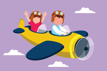Wall Mural - Graphic flat design drawing little boy operating plane and girl as passengers. Kids flying in airplane. Flying plane like real pilot, dreaming of piloting profession. Cartoon style vector illustration