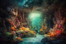 A Cavern Under The Sea Teeming With Corals And Other Forms Of Aquatic Life Generative AI