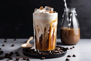 Wall Mural - iced coffee latte in clear glass mug, with swirled milk and chocolate syrup, created with generative ai