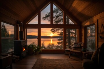 Wall Mural - cozy cabin retreat with view of sunset over the lake, created with generative ai