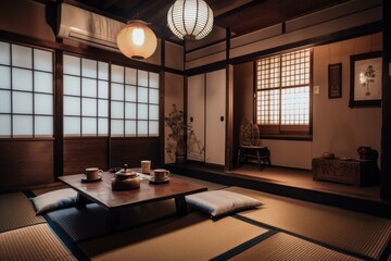 Canvas Print - cozy living room with tatami mats, lanterns, and low tables, created with generative ai