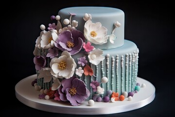 Sticker - wedding cake with fondant flowers and sugar pearls, created with generative ai