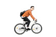 © muse studio - A young man riding a bicycle to work with a briefcase. Transparent background, png.