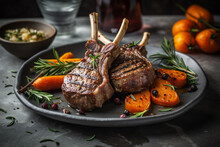 Delicious Grilled Lamb Chops With Roasted Carrots On A Chic Marble Background, Food Photography, Food Art, Generative AI