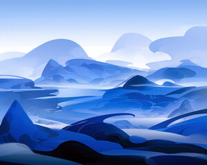 Abstract background of blue ocean with waves and snowflakes. Vector illustration