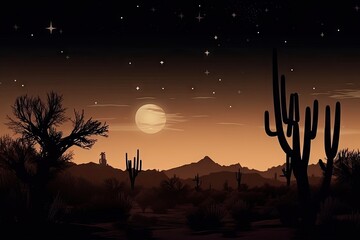 Poster - night sky, stars and moon above desert with silhouettes of cacti, created with generative ai