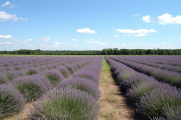 Canvas Print - field of lavender in full bloom, with rows of blooms and clear blue sky, created with generative ai