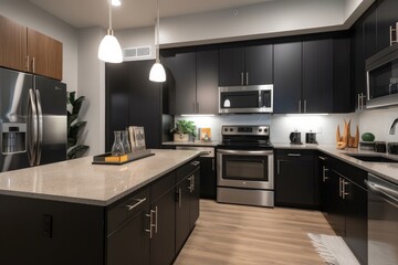 Poster - modern kitchen, with sleek black appliances and accents of stainless steel and granite, created with generative ai