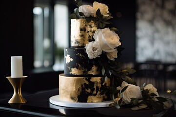 Poster - modern wedding cake with fresh flowers and metallic accents, created with generative ai